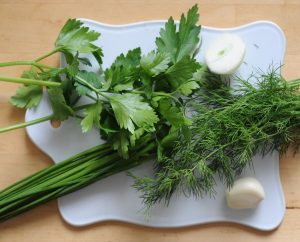 Petersilie, Zwiebel, Schnittlauch, Dill und Knoblauch